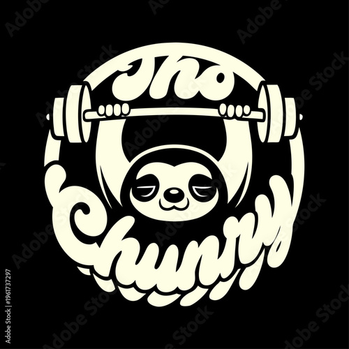 A circular logo featuring a cute sloth lifting a heavy barbell with the text the chunky sloth Round Draw Logo, Editable Vector