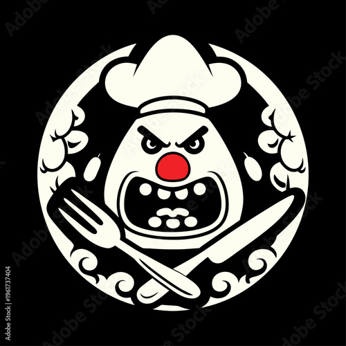 A stylized vector emblem featuring an angry chef character with a red nose and crossed silverware Round Draw Logo, Editable Vector