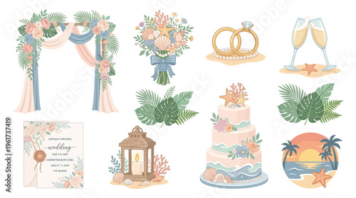 Beach Wedding Elements Vector Graphics for Romantic Coastal Celebrations