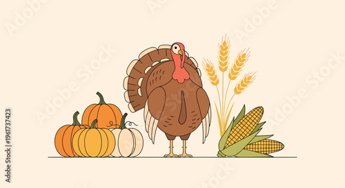 Brown Turkey Standing With Autumn Vegetables.