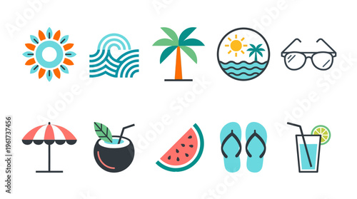 Collection of Summer Beach Icons for Tropical Holidays and Vacation Travel