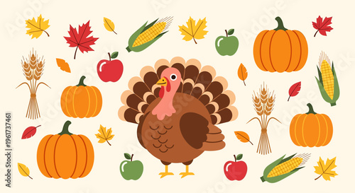 Cartoon Turkey Surrounded by Fall Elements.