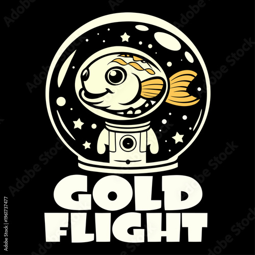 A cute cartoon goldfish wearing a space helmet with the text gold flight written underneath it Round Draw Logo, Editable Vector