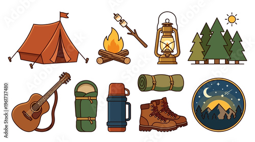 Vibrant collection of camping and outdoor adventure essentials for a perfect getaway