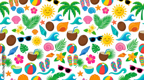Vibrant summer seamless pattern with tropical elements, sun, waves, and beach accessories for fun designs