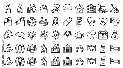 Set of 50 Elderly Care and Healthcare Line Icons Vector