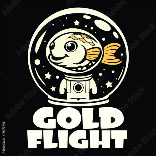 A cute cartoon goldfish wearing a space helmet with the text gold flight written underneath it Round Draw Logo, Editable Vector