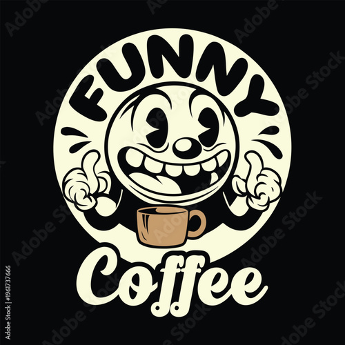 Vintage cartoon style illustration featuring a happy character holding a cup of hot fresh coffee Round Draw Logo, Editable Vector
