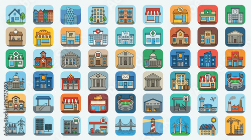 Set of 50 Flat Design City and Town Building Vector Icons