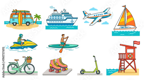 Collection of summer travel and adventure icons, featuring various modes of transport and recreational activities