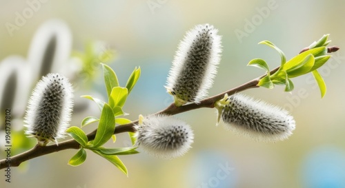 Pussy willow branch with fluffy catkins and young green leaf. Macro shot of blooming salix twig in spring. Seasonal nature symbol for Easter holiday concept and botany background.