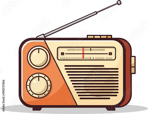 A charming retro portable radio with an extendable antenna, tuning dial, and two control knobs, depicted in a warm orange and cream color palette.
