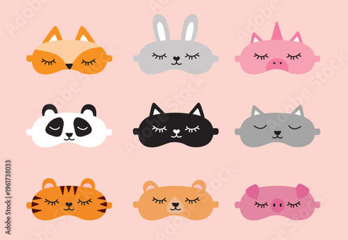 Masks for dreaming. Set of Night mask with animal. Vector flat iilustration.
