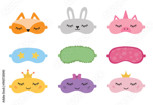 Set of Night Masks for dreaming with different design. Vector flat iilustration.
