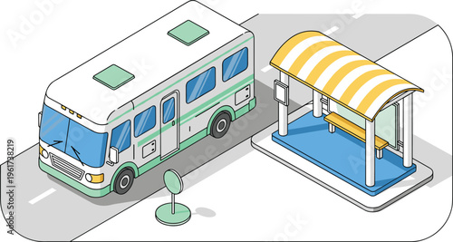 Isometric bus stop illustration public transport city bus station shelter urban road transport vehicle vector modern design concept scene
