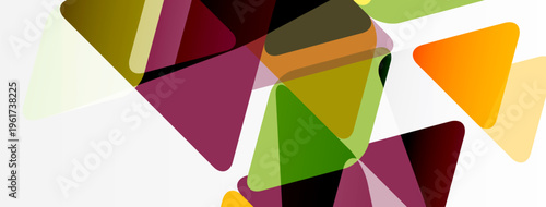 Abstract triangles overlap, creating vibrant color patterns. Shapes vary in size, hue, opacity. Modern design element.