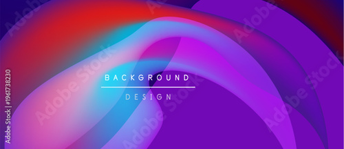 Abstract fluid shapes blend vibrant colors. Purple, red, blue gradients create dynamic background design. Modern aesthetic.