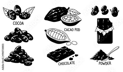 Vertical cacao ingredients retro cartoon doodle chocolate vector set