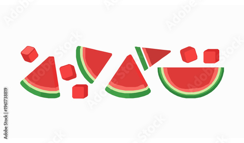 Fresh watermelon slices and cubes playful summer flat vector illustration