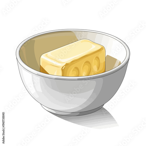 Butter block in a white bowl, isolated on white background