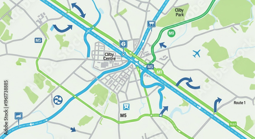 Detailed Road Map of a City Intersection with Highway Access.