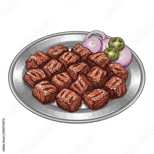 Grilled Beef Kebabs on Metal Plate with Onion and Tomato Slices