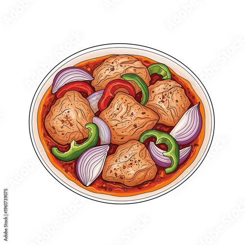 Hand-drawn Indian food dish with paneer and vegetables in a bowl
