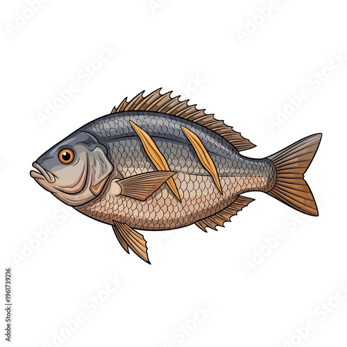 Illustration of a single fish with grey and beige scales, isolated on white background