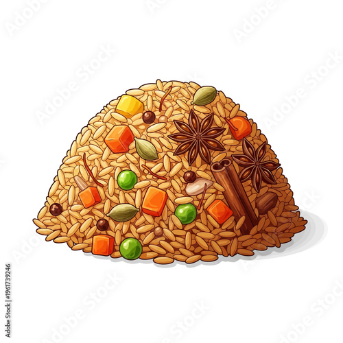 Pile of flavorful rice with spices, vegetables and star anise