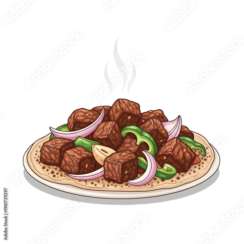 Savory Meat and Vegetable Stir-fry on Flatbread with Steaming Aroma