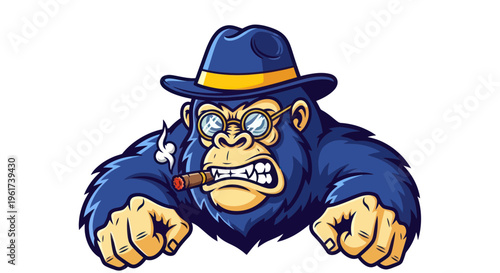 Angry Gorilla Wearing Hat and Glasses Smoking Cigar, Cartoon Style