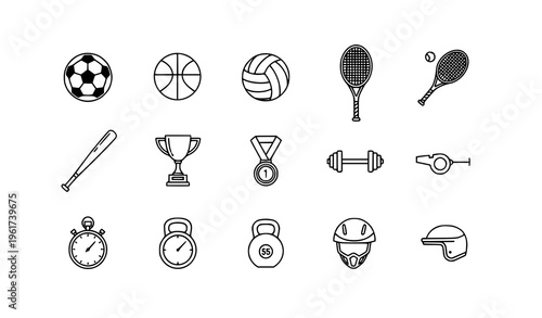Minimalist Black Sports Icon Set with Balls, Fitness Gear, and Trophy Symbols for Digital and Print Use