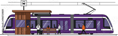 Modern tram at station with passengers urban public transport city scene vector illustration people commuting metro light rail design