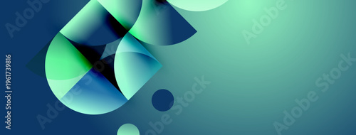 Abstract composition features overlapping translucent circles, gradients. Cool blues, greens dominate design. Minimalist aesthetic, modern feel.