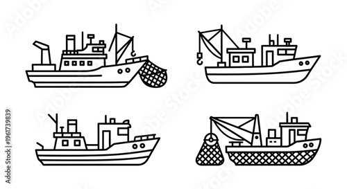 Four different fishing boats side by side.