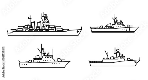 Four different naval warships side view.
