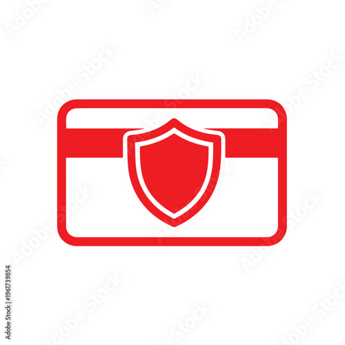 Red credit card icon featuring a central shield graphic symbolizing financial security and protection against fraud.