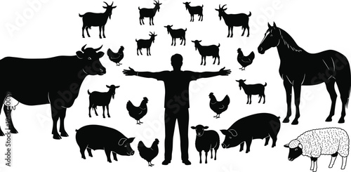 Farm animals silhouettes collection, livestock cow goat sheep pig chicken horse, farmer figure, agriculture concept, rural farming illustration, black isolated set
