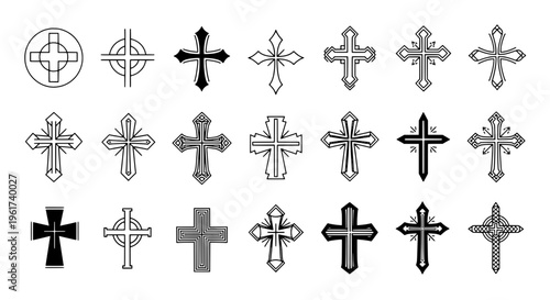 Crosses set with various designs and patterns in black and white featuring christian symbols, religious icons, graphic resources with vector graphics