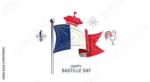 Illustration of a French flag and festive elements celebrating Bastille Day – 14 Juli Prancis with a siluet of Paris, against a clean white background with a joyful and patriotic mood.