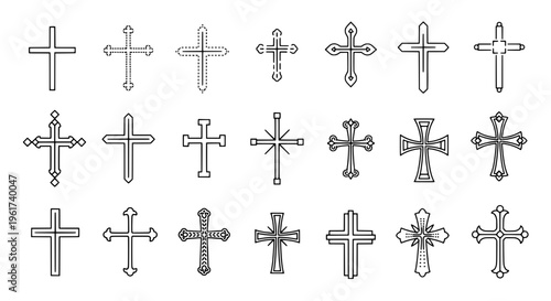 Crosses icon set with various shapes and line styles, including simple, ornate, and decorative designs, in black lines on white background.