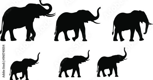 Elephant silhouettes collection, wildlife animals, African safari concept, large mammals walking, nature illustration, black isolated shapes, jungle fauna design