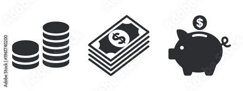 Coins Cash Stack and Piggy Bank Icons Vector Financial Savings Symbols for Business Design