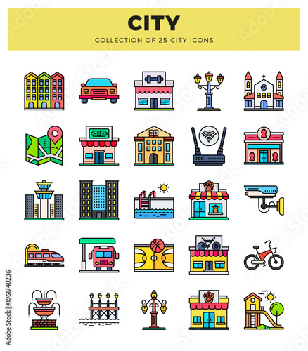 city icons featuring buildings. transportation. and amenities on a white background.