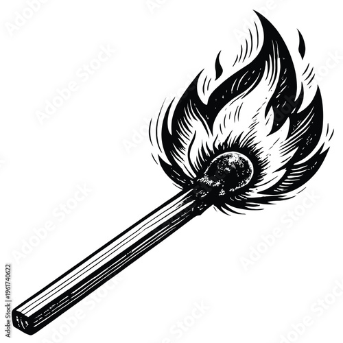 Print  Burning Match Vintage Engraving Vector Illustration, Classic Fire Emblem Logo Design Isolated on White Background