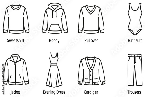  Clothes Line Icons Set with Sweatshirt Hoodie Jacket Dress Trousers and Swimwear, Fashion Apparel Outline Vector Editable Stroke on White