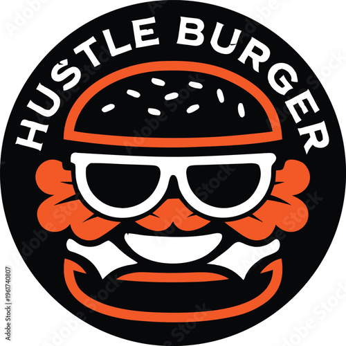 A circular logo design featuring a stylized hamburger character wearing white framed sunglasses isolated on transparent background Round Draw Logo, Editable Vector