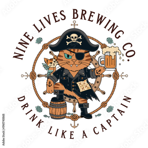 A fierce pirate cat wearing an eyepatch and a hat holding a frothy mug of beer with a small bird isolated on transparent background Round Draw Logo, Editable Vector