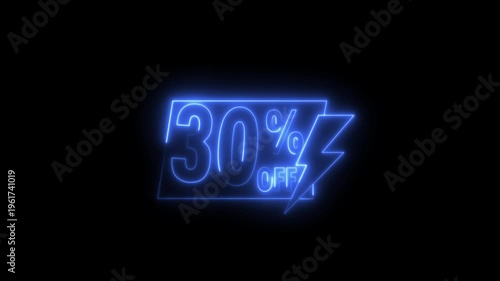 Neon sale sign 30 percent off discount promotion retail store advertising glowing text on black background.