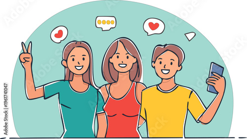 Three friends taking selfies with phones